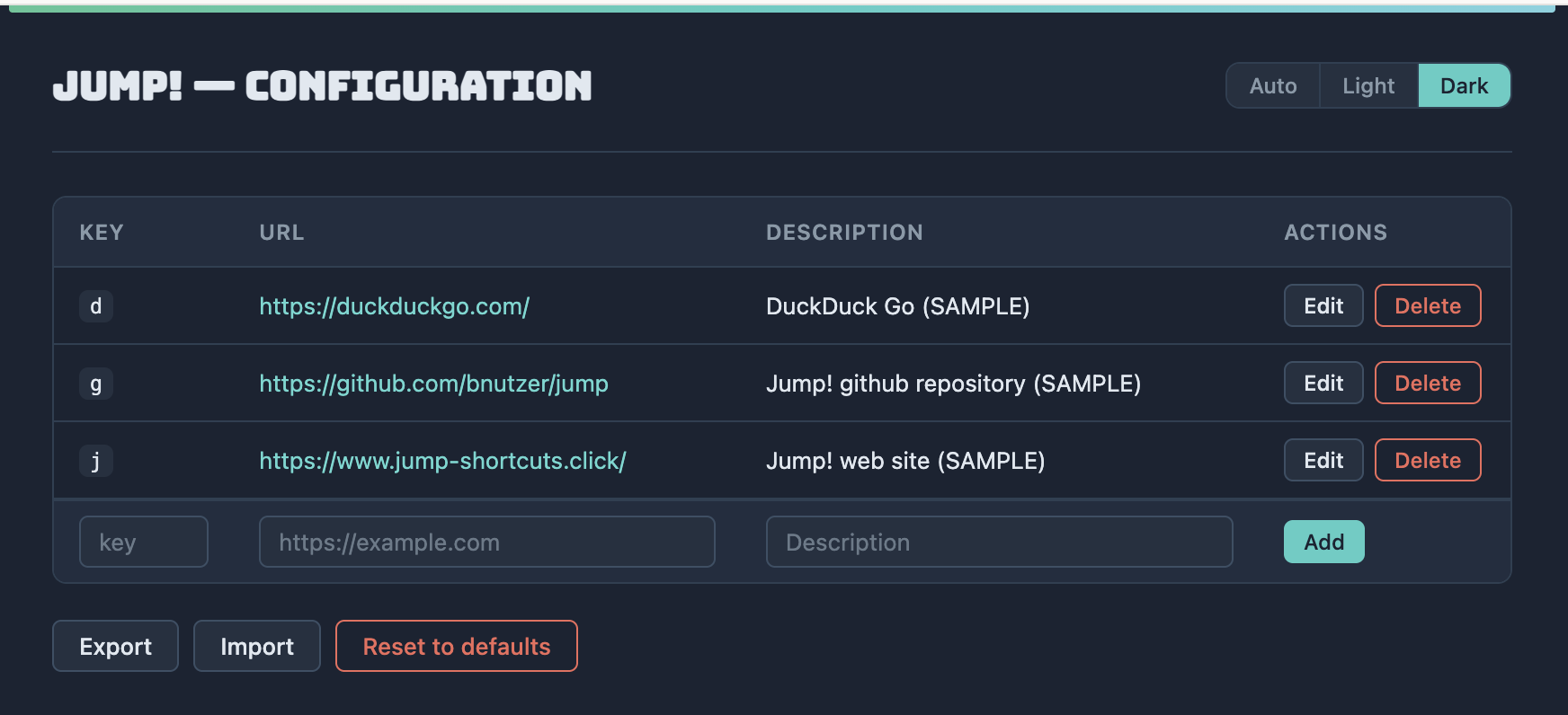 Jump! options page for managing shortcuts