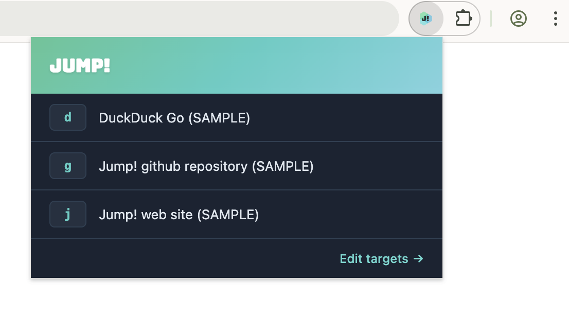 Jump! popup showing a list of URL shortcuts